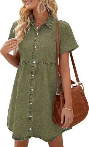 LookbookStore Women's Short Sleeve Button Down Flowy Tiered Babydoll Denim Dress
