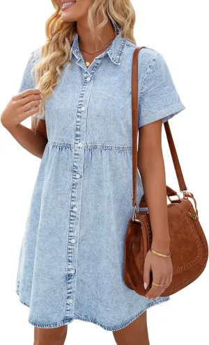 LookbookStore Women's Short Sleeve Button Down Flowy Tiered Babydoll Denim Dress