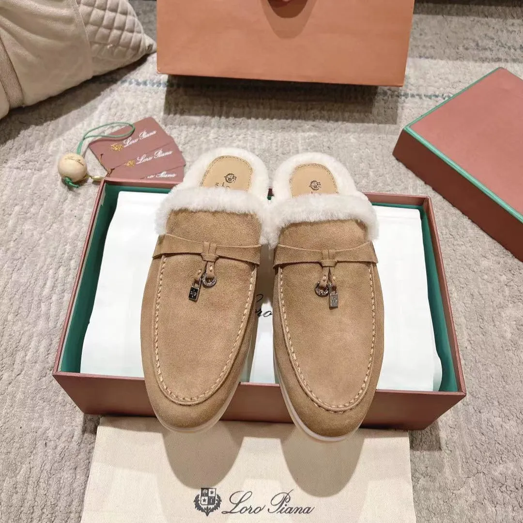 LP Charms Walk Babouche Loafer Peach Yellow Suede With Rabbit Fur Lining 206244