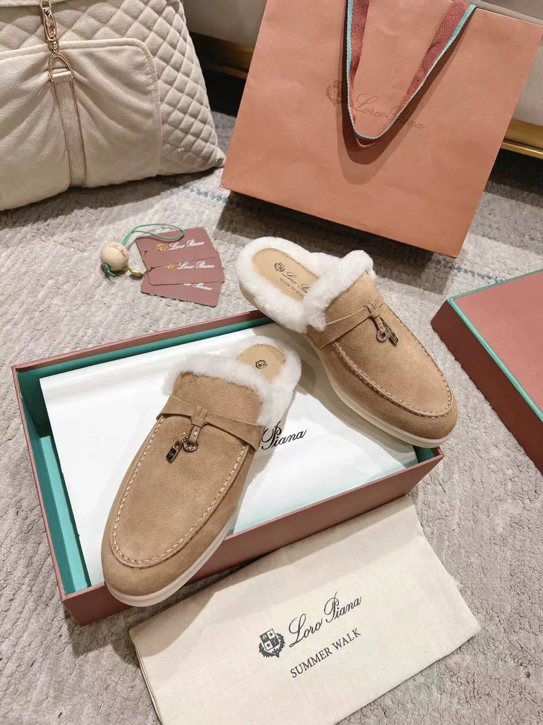 LP Charms Walk Babouche Loafer Peach Yellow Suede With Rabbit Fur Lining 206244