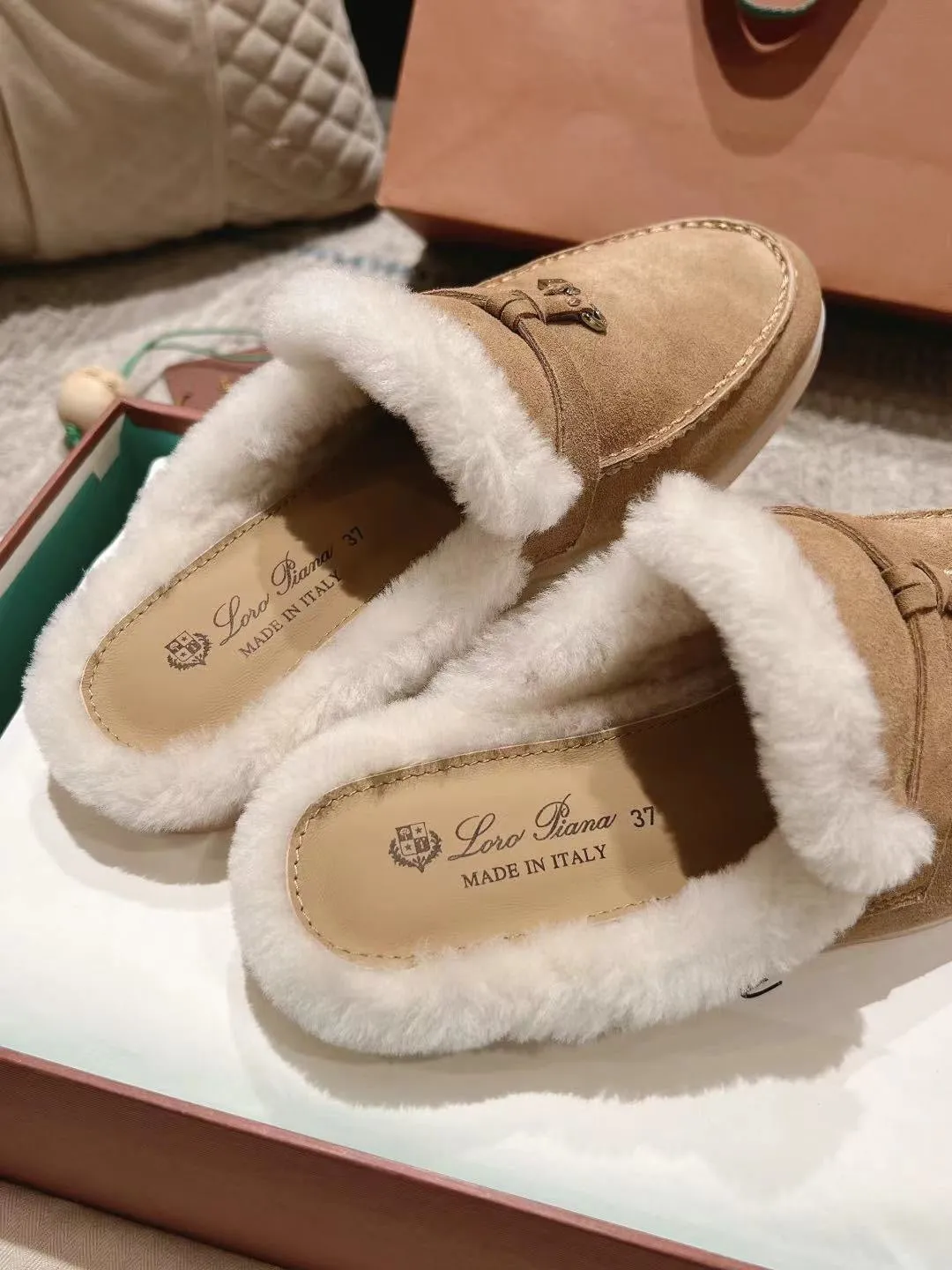 LP Charms Walk Babouche Loafer Peach Yellow Suede With Rabbit Fur Lining 206244