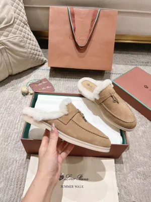 LP Charms Walk Babouche Loafer Peach Yellow Suede With Rabbit Fur Lining 206244