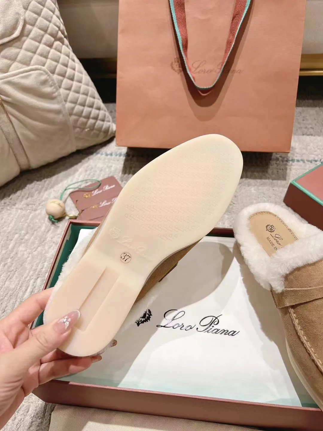 LP Charms Walk Babouche Loafer Peach Yellow Suede With Rabbit Fur Lining 206244