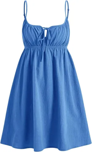 MakeMeChic Women's Casual Tie Front Spaghetti Strap Sleeveless High Waist Summer A Line Mini Dresses