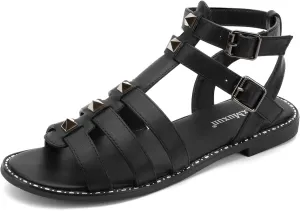 MaxMuxun Gladiator Sandals For Women Flat Ankle Strap Open Toe Strappy Summer Sandals With Studs