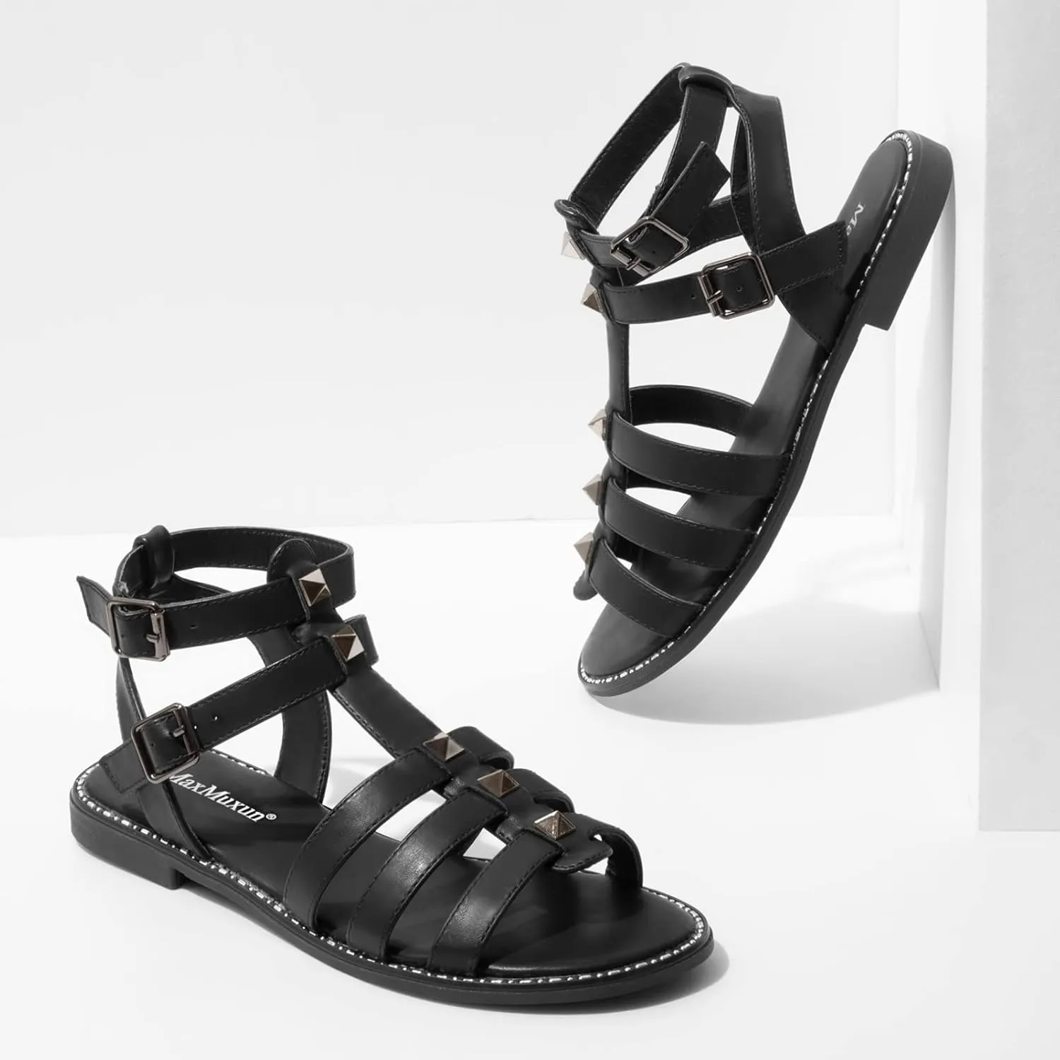 MaxMuxun Gladiator Sandals For Women Flat Ankle Strap Open Toe Strappy Summer Sandals With Studs