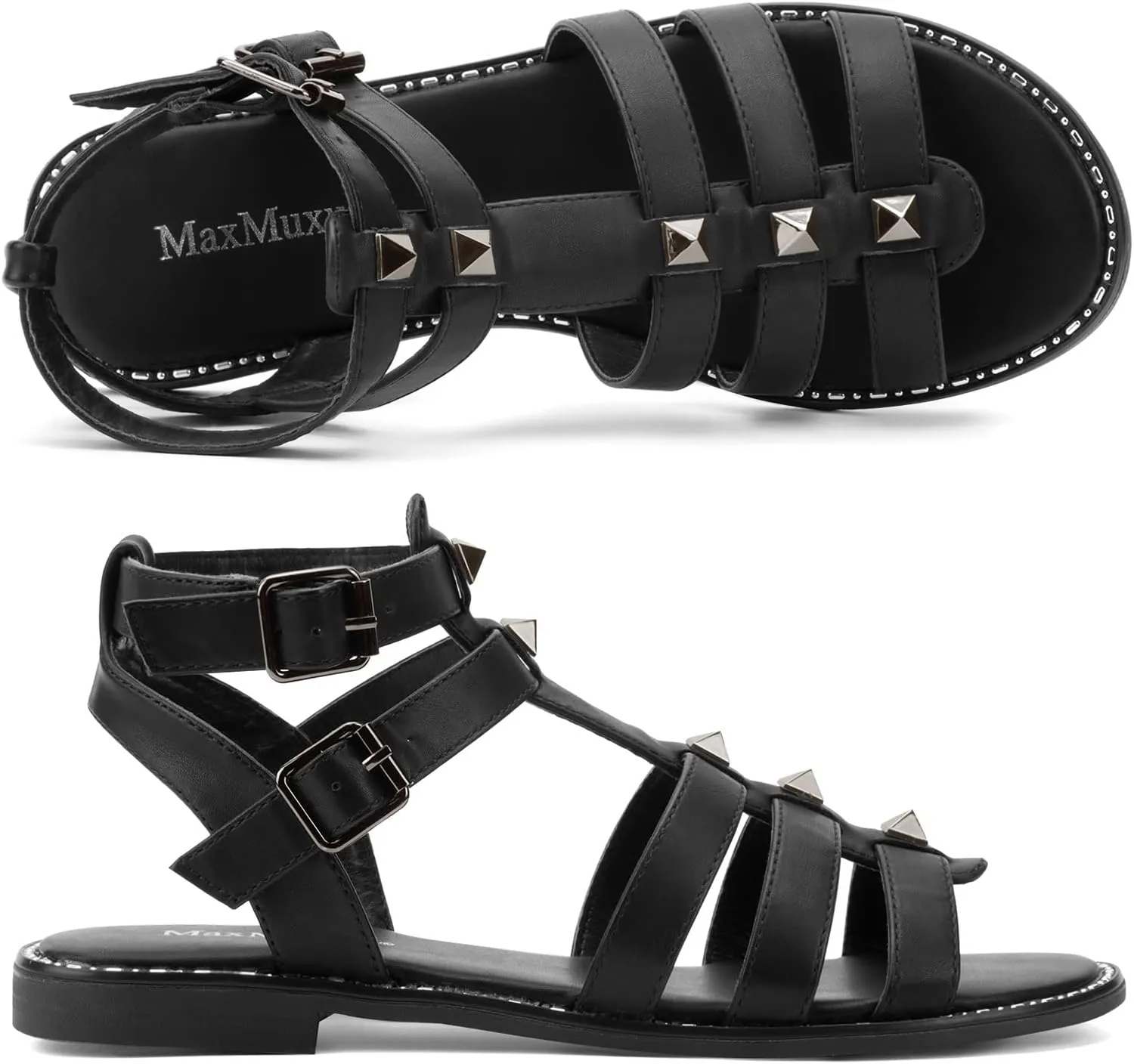 MaxMuxun Gladiator Sandals For Women Flat Ankle Strap Open Toe Strappy Summer Sandals With Studs