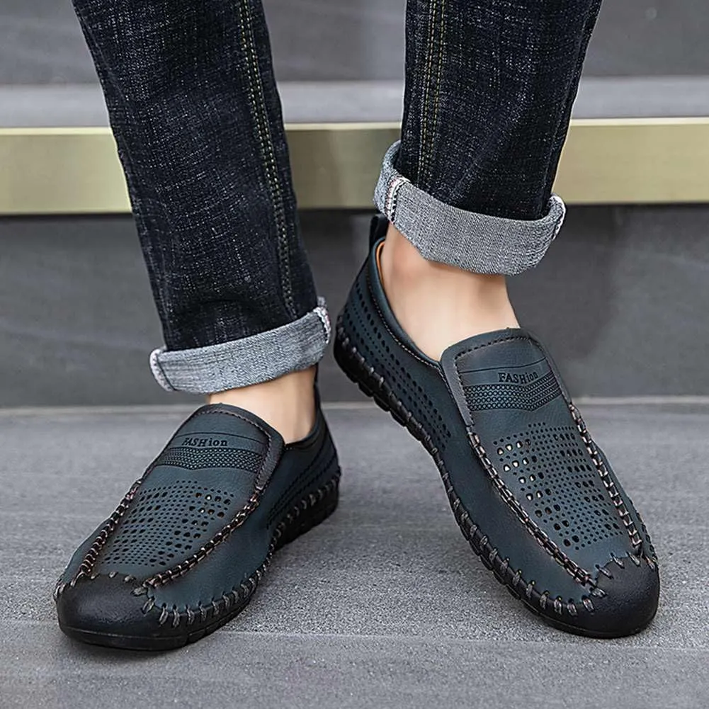 Men's Breathable Perforated Loafers Hand-Stitched Soft Sole Casual Shoes Slip-on Driving Moccasins for Men