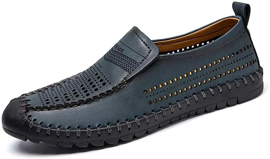 Men's Breathable Perforated Loafers Hand-Stitched Soft Sole Casual Shoes Slip-on Driving Moccasins for Men