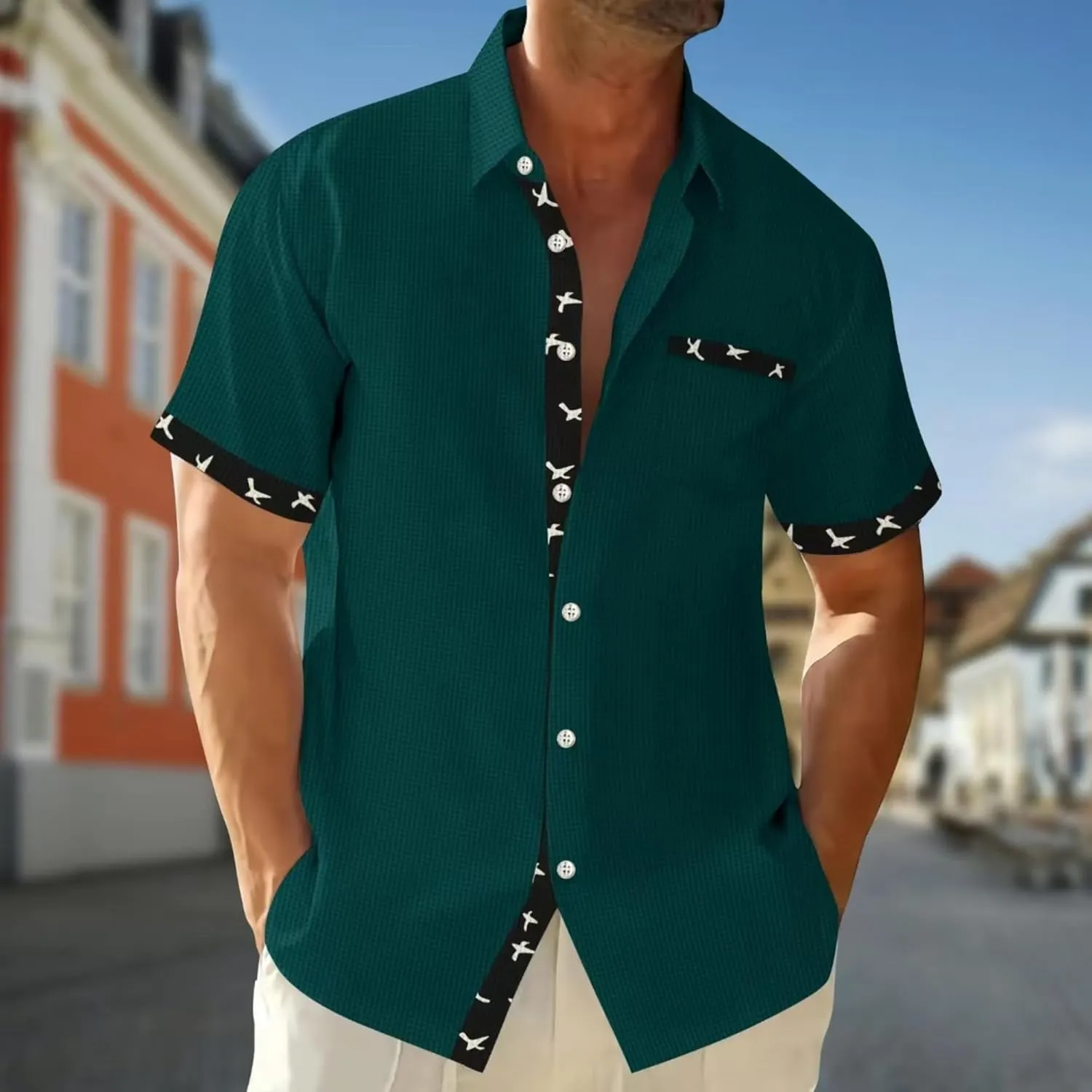 Men's Button Down Shirts Summer Short Sleeve Hawaiian Shirts Business Casual Shirts Wrinkle Free Waffle Shirts