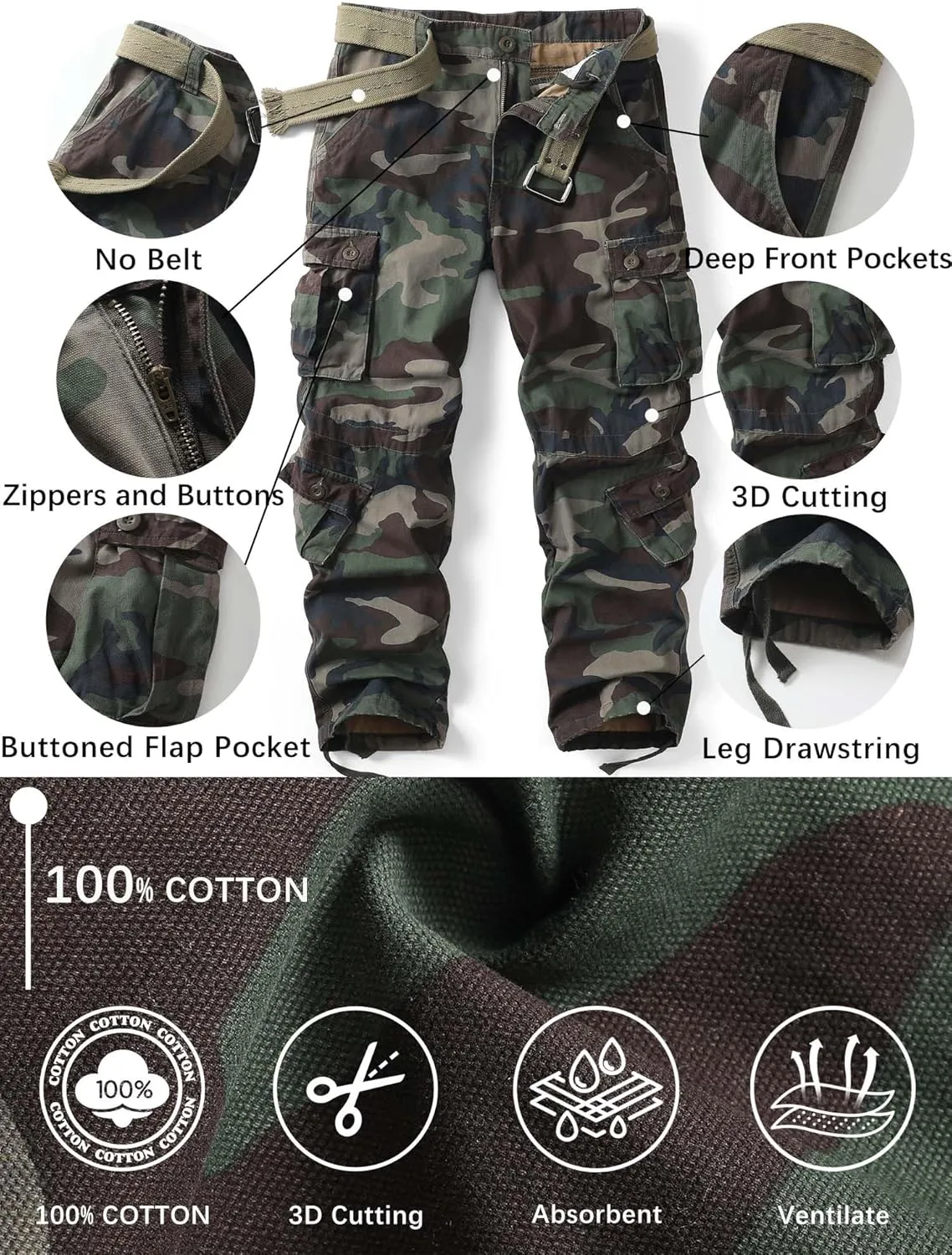 Men's Camo BDU Cargo Tactical Ripstop Casual Lightweight Baggy Combat 100% Cotton Pants with 8 Pockets(No Belt)