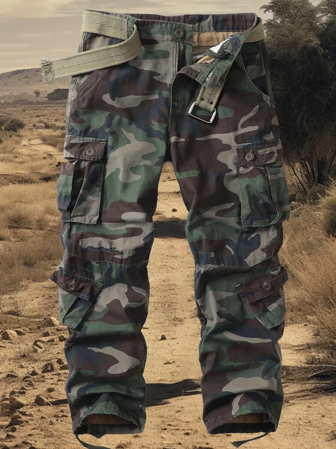 Men's Camo BDU Cargo Tactical Ripstop Casual Lightweight Baggy Combat 100% Cotton Pants with 8 Pockets(No Belt)