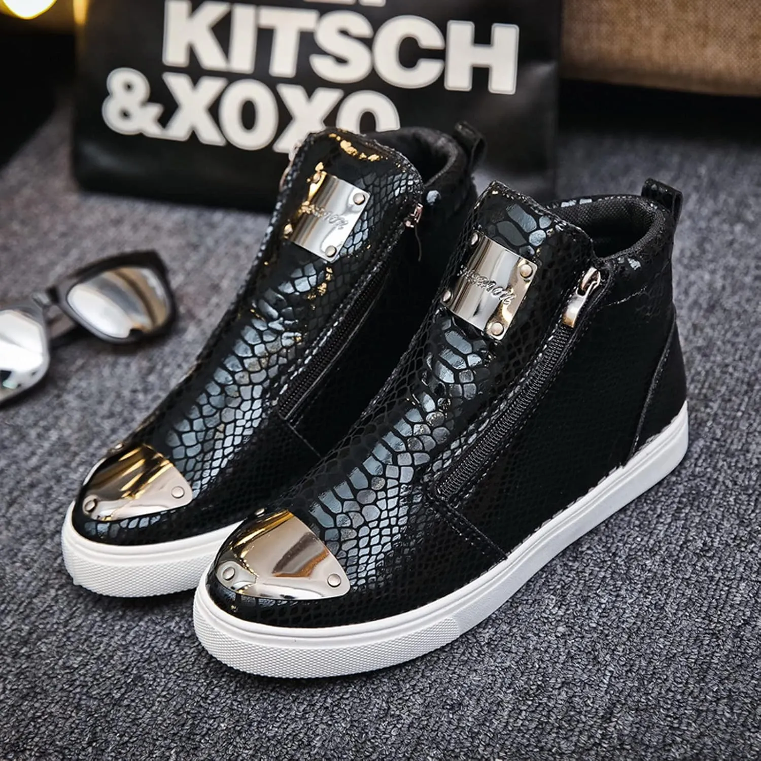 Mens Casual Side Zippper Motorcycle Boots Classic Combat Ankle Boots Snake Print High Top Board Shoes