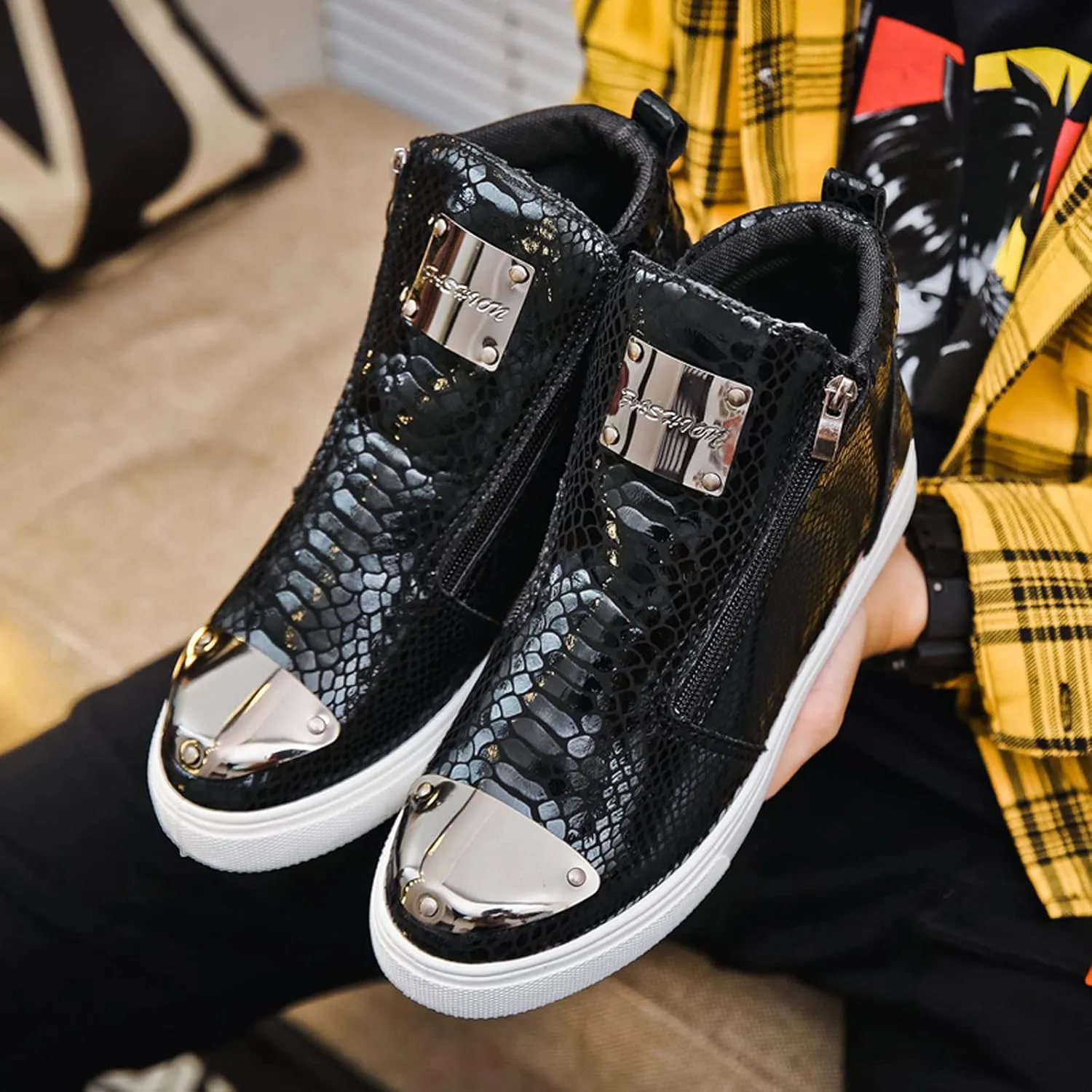 Mens Casual Side Zippper Motorcycle Boots Classic Combat Ankle Boots Snake Print High Top Board Shoes