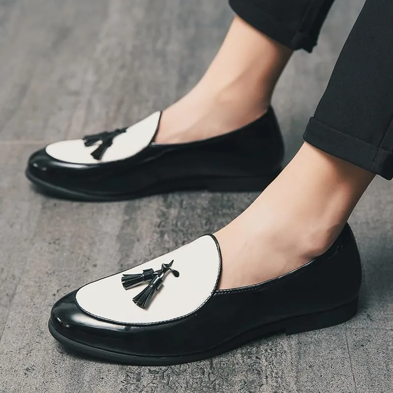 Men’s Casual Slip-On Shoes with Tassel, Two-Tone Leather Loafers, Business & Fashion All-Match Flats for Outdoor Driving