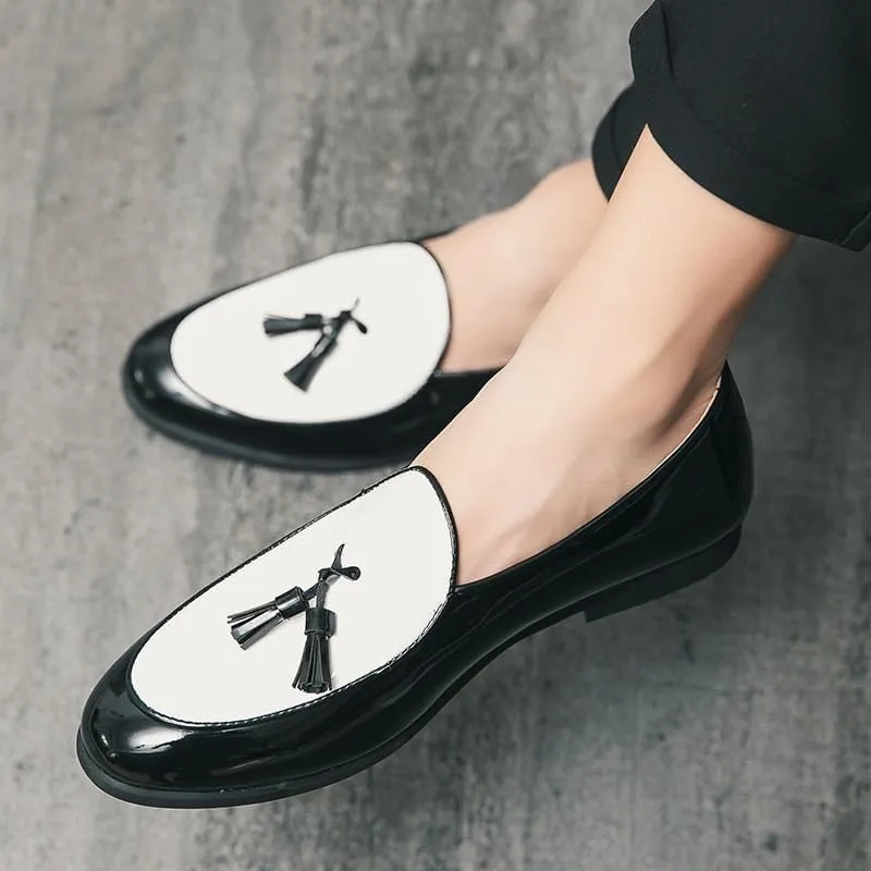 Men’s Casual Slip-On Shoes with Tassel, Two-Tone Leather Loafers, Business & Fashion All-Match Flats for Outdoor Driving