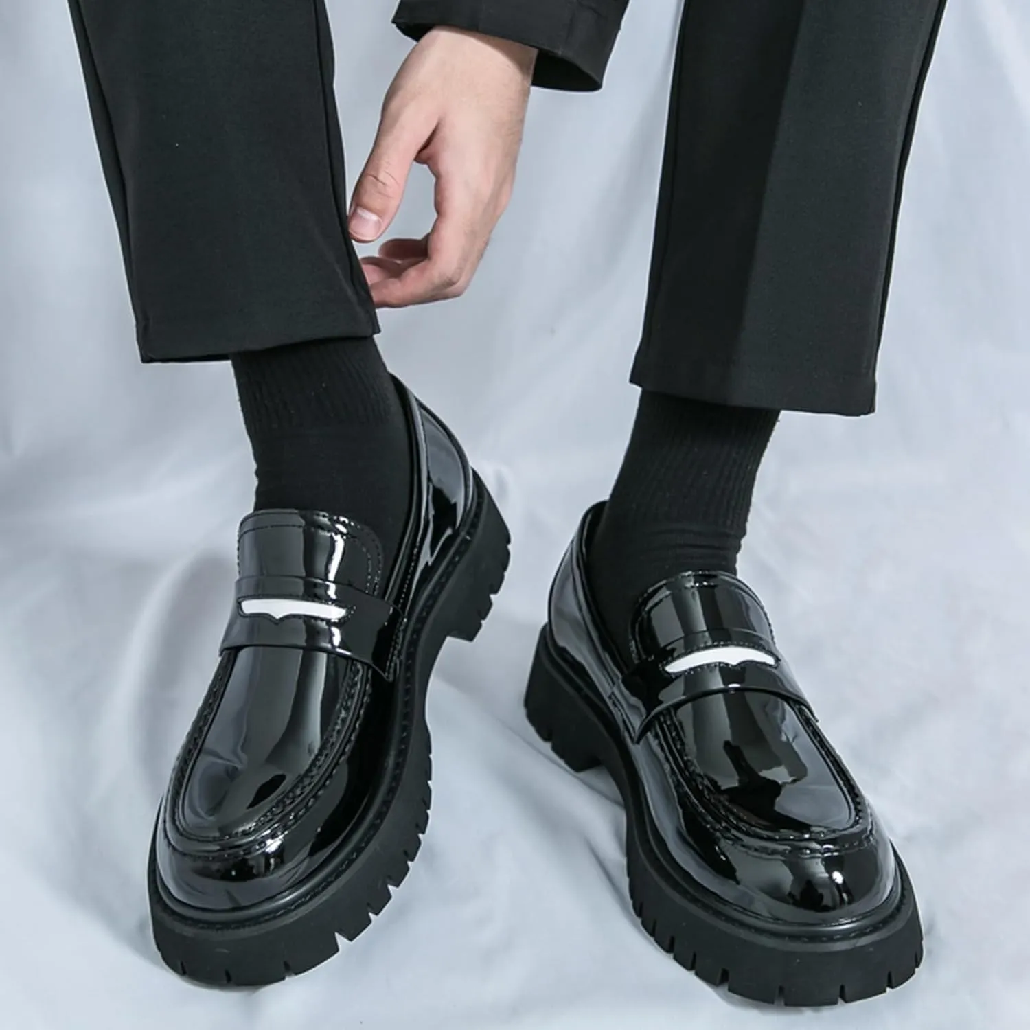 Men's Fashion Chunky Platform Penny Loafers Luxury Round Toe Slip-On Dress Shoes with Non-Slip Lug Sole for Business Work and Daily Casual Wear