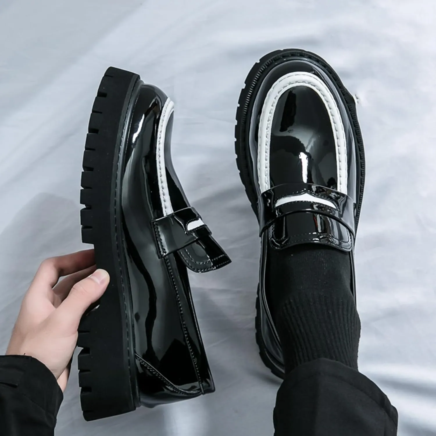 Men's Fashion Chunky Platform Penny Loafers Luxury Round Toe Slip-On Dress Shoes with Non-Slip Lug Sole for Business Work and Daily Casual Wear