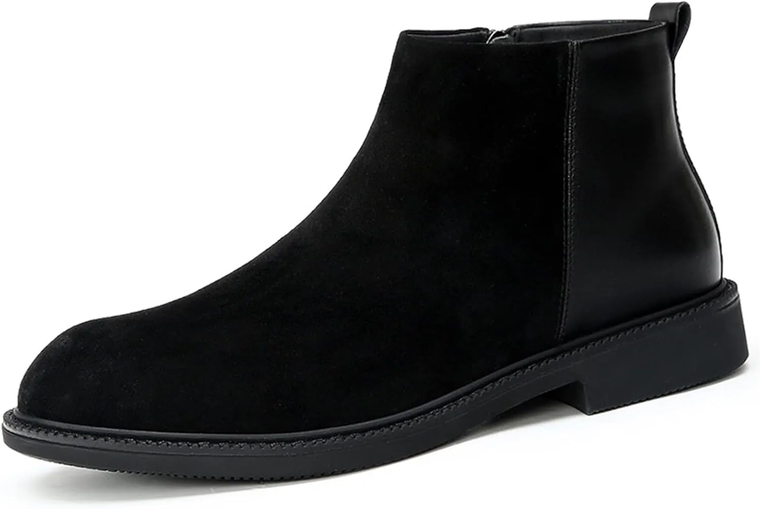 Men's Genuine Leather Slip-On Chelsea Boots with Side Zipper Classic Round Toe Soft Bottom Low Block Heel Dress Ankle Boots Casual Anti-Slip Bootie