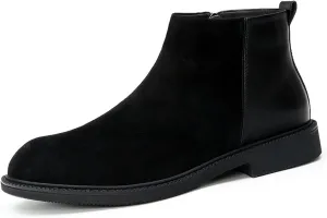Men's Genuine Leather Slip-On Chelsea Boots with Side Zipper Classic Round Toe Soft Bottom Low Block Heel Dress Ankle Boots Casual Anti-Slip Bootie