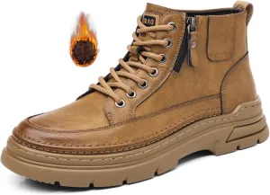Men'S Leather Chukka Boot With Side Zipper Round Toe Comfort Fleece-Lined Anti-Slip Platform Lace-Up Casual Oxford Boots For Hiking Travel Motorcycle