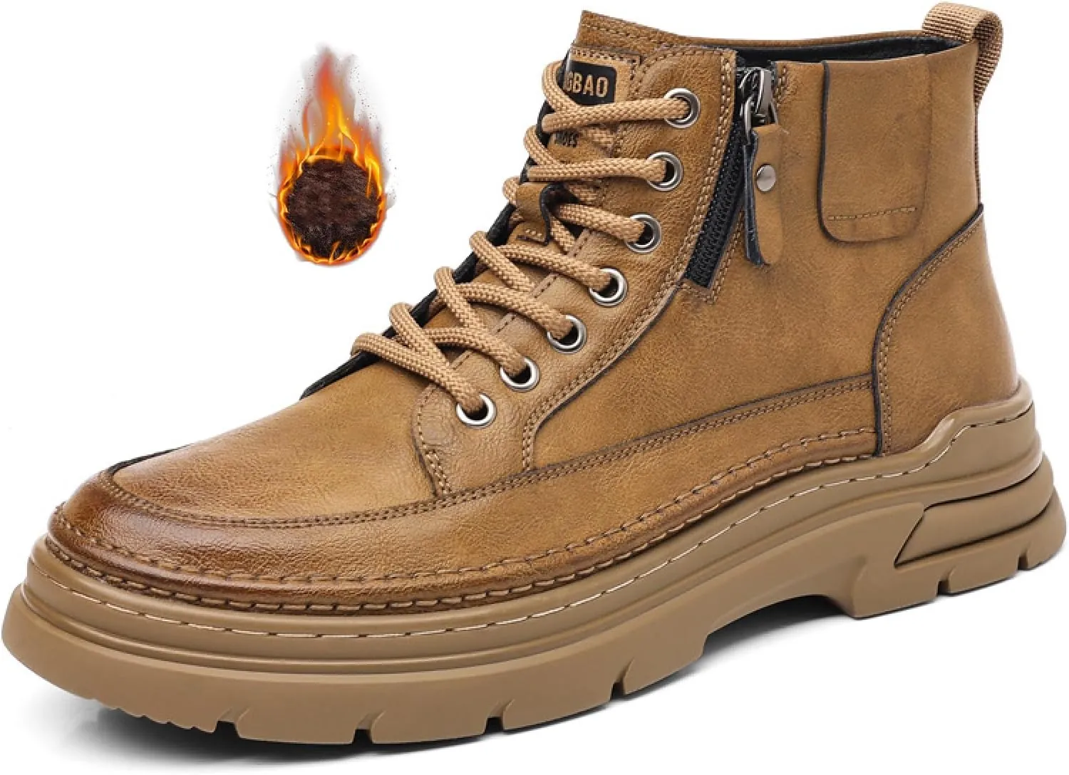Men'S Leather Chukka Boot With Side Zipper Round Toe Comfort Fleece-Lined Anti-Slip Platform Lace-Up Casual Oxford Boots For Hiking Travel Motorcycle