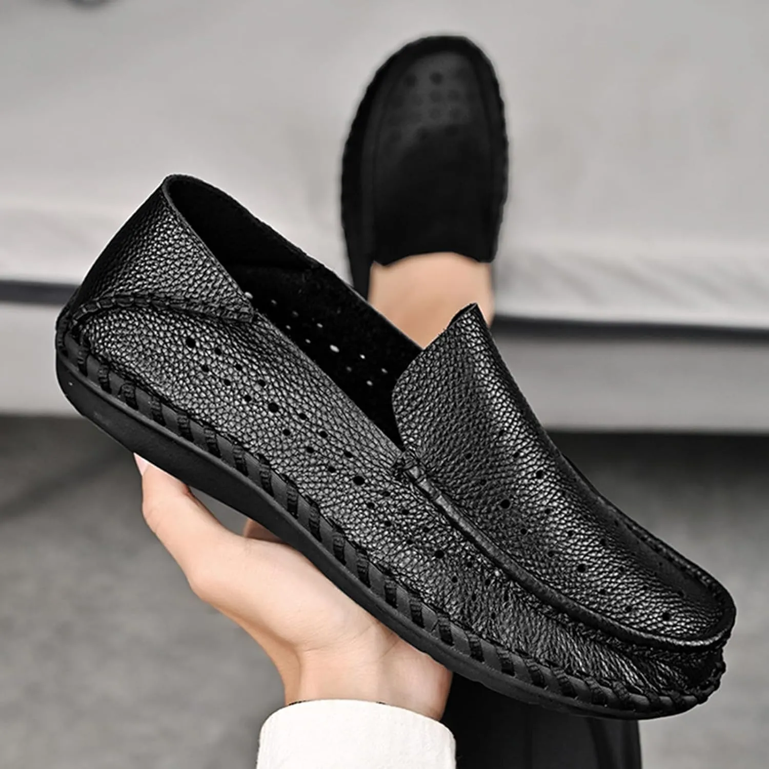Men's Leather Hollow Flat Penny Loafers, Comfortable Round Wide Toe Soft-Soled Anti-Slip Slip-On Driving Moccasins, Work Business Walking Shoes