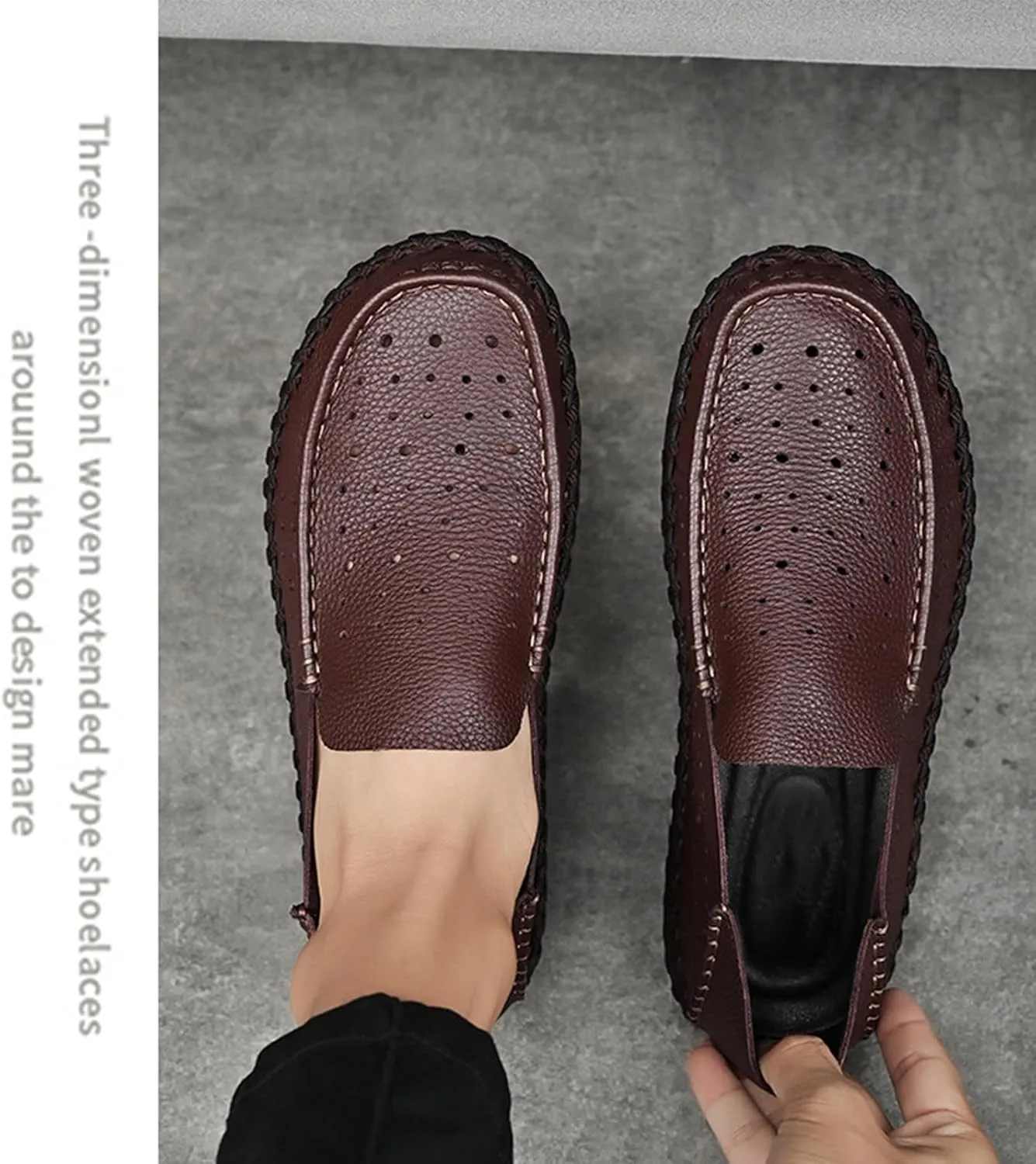 Men's Leather Hollow Flat Penny Loafers, Comfortable Round Wide Toe Soft-Soled Anti-Slip Slip-On Driving Moccasins, Work Business Walking Shoes