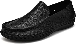 Men's Leather Hollow Flat Penny Loafers, Comfortable Round Wide Toe Soft-Soled Anti-Slip Slip-On Driving Moccasins, Work Business Walking Shoes