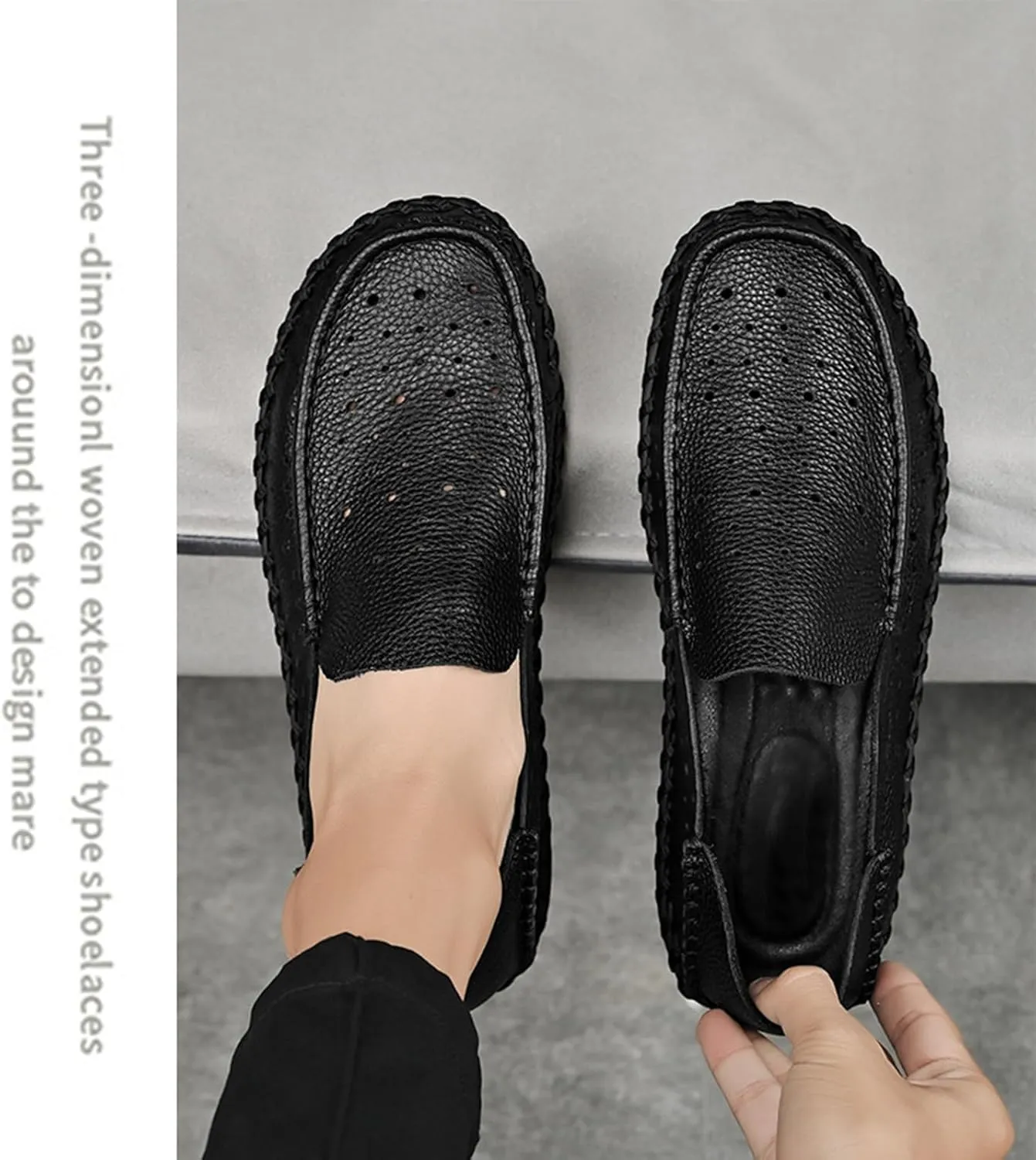 Men's Leather Hollow Flat Penny Loafers, Comfortable Round Wide Toe Soft-Soled Anti-Slip Slip-On Driving Moccasins, Work Business Walking Shoes
