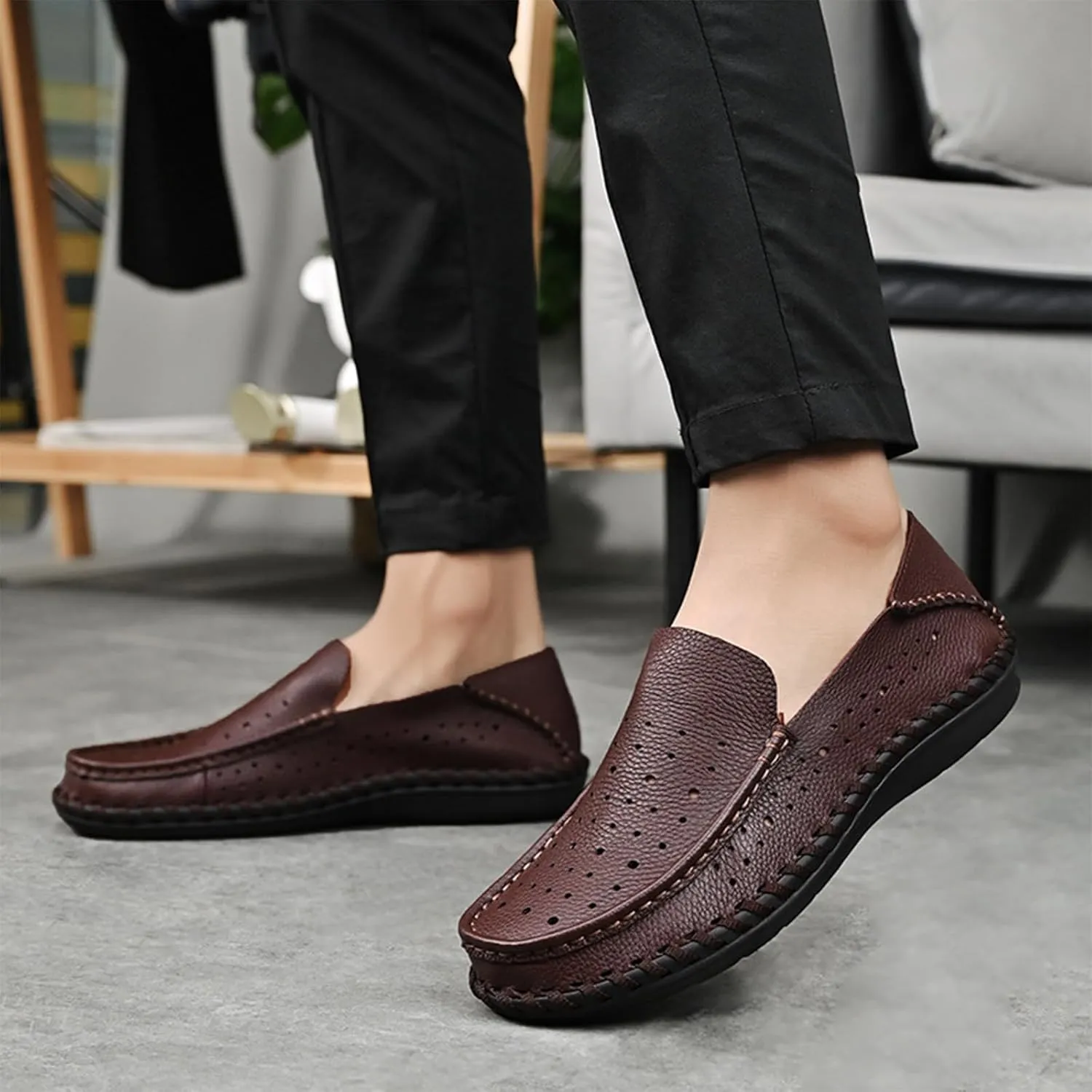 Men's Leather Hollow Flat Penny Loafers, Comfortable Round Wide Toe Soft-Soled Anti-Slip Slip-On Driving Moccasins, Work Business Walking Shoes