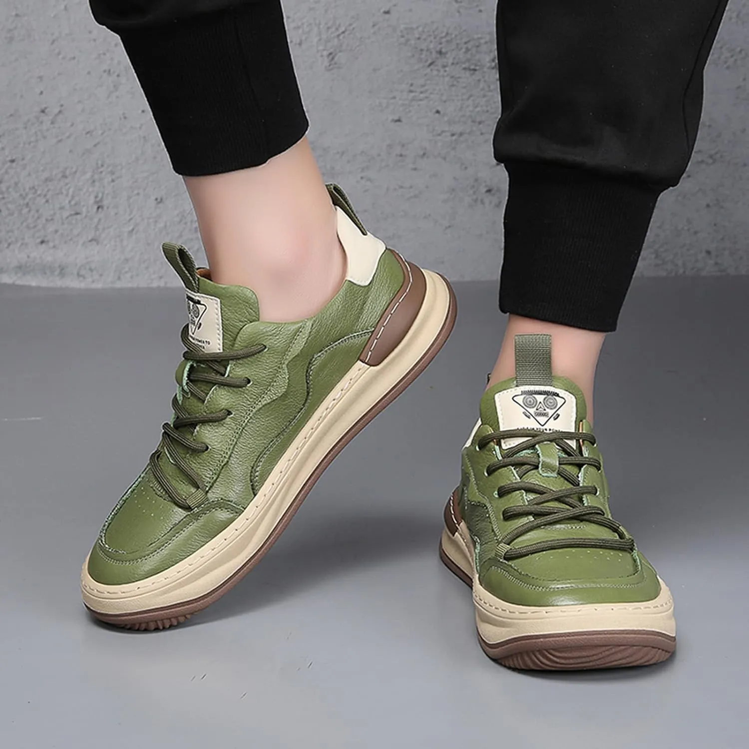 Men's Leather Shoes Low Top Fashion Sneakers Lace-Up Lightweight Casual Dress Walking Shoes