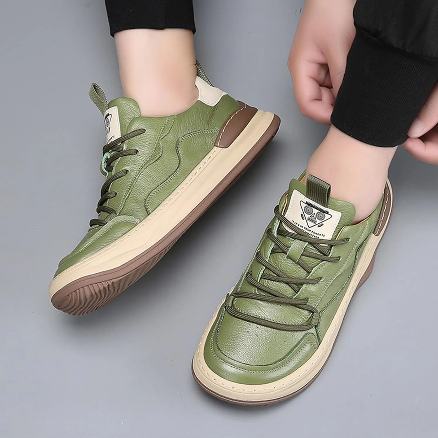 Men's Leather Shoes Low Top Fashion Sneakers Lace-Up Lightweight Casual Dress Walking Shoes