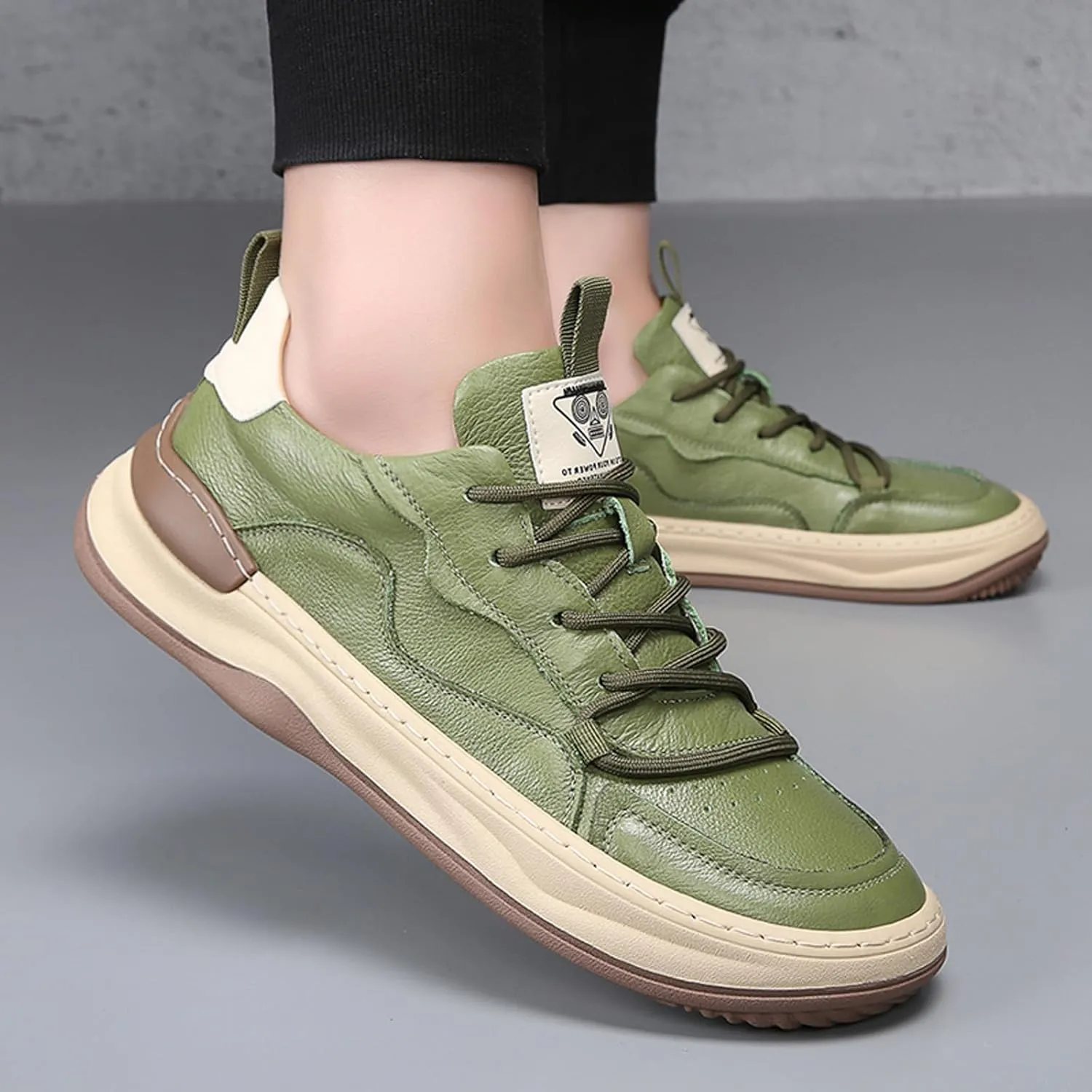 Men's Leather Shoes Low Top Fashion Sneakers Lace-Up Lightweight Casual Dress Walking Shoes