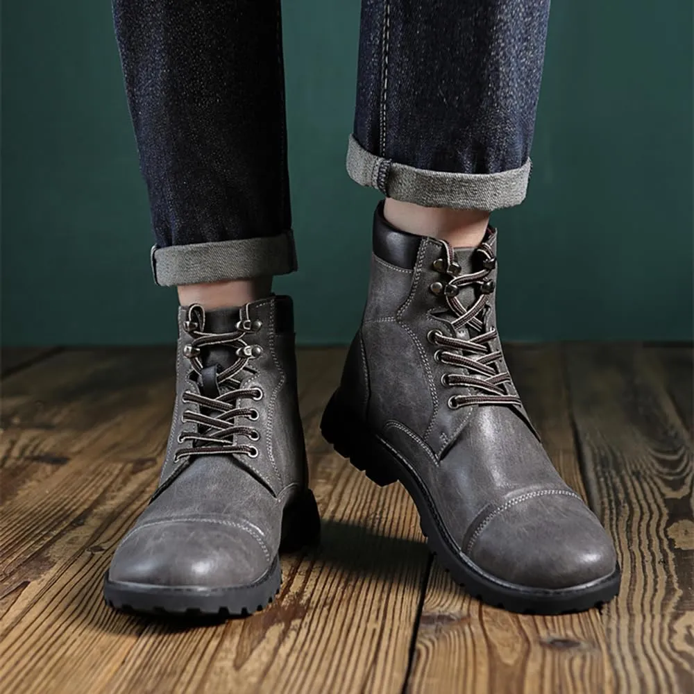 Men's Motorcycle Boots Black Platform Lace Up Combat Boots PU Leather Dress Boot for Business Casual