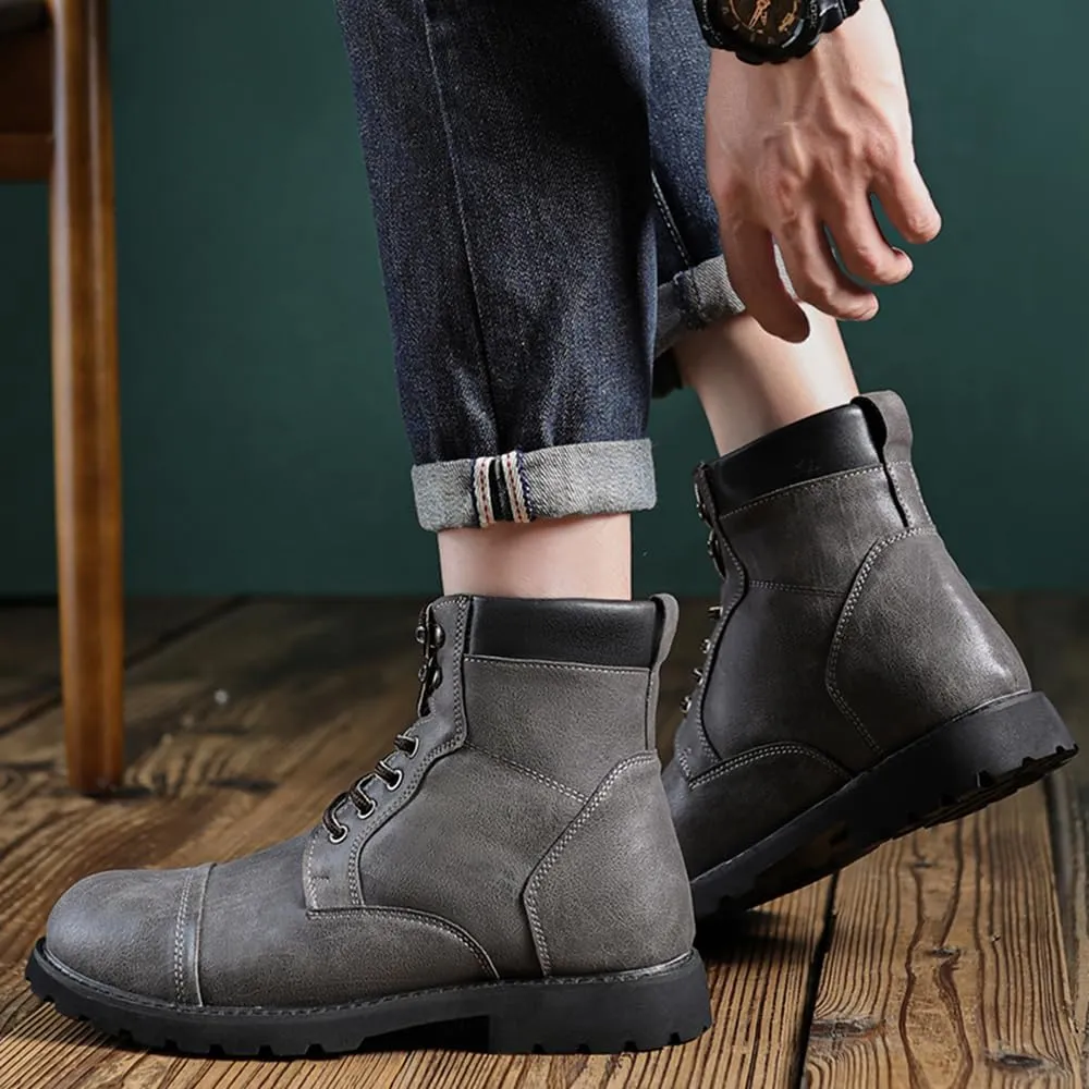 Men's Motorcycle Boots Black Platform Lace Up Combat Boots PU Leather Dress Boot for Business Casual