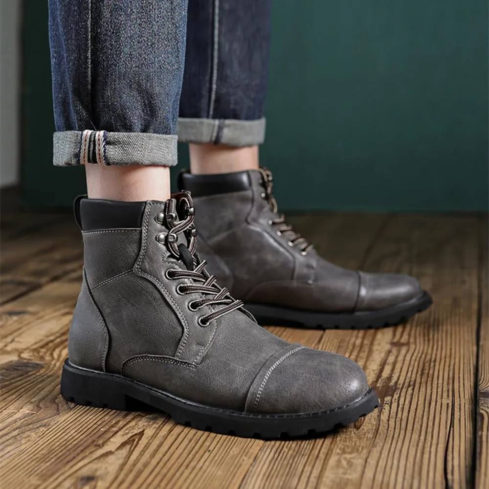 Men's Motorcycle Boots Black Platform Lace Up Combat Boots PU Leather Dress Boot for Business Casual