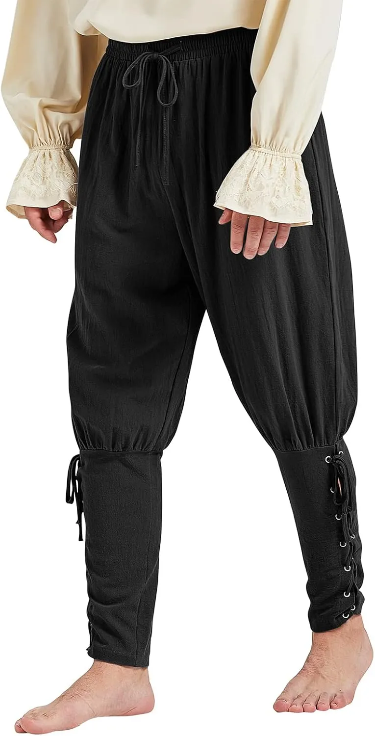 Men's Pirate Renaissance Pants with Ankle Banding - Medieval Viking Navigator Costume Cosplay - Drawstrings
