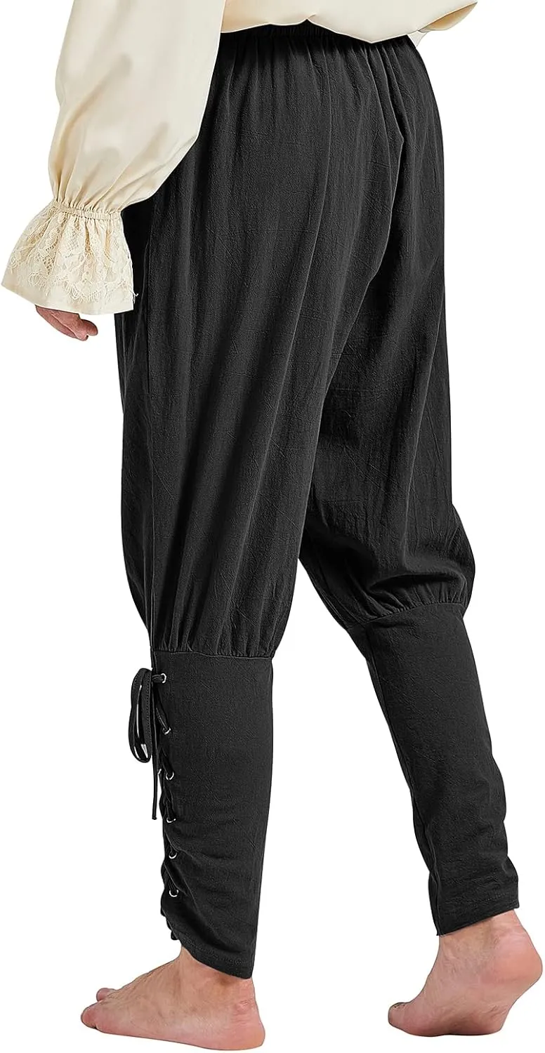 Men's Pirate Renaissance Pants with Ankle Banding - Medieval Viking Navigator Costume Cosplay - Drawstrings