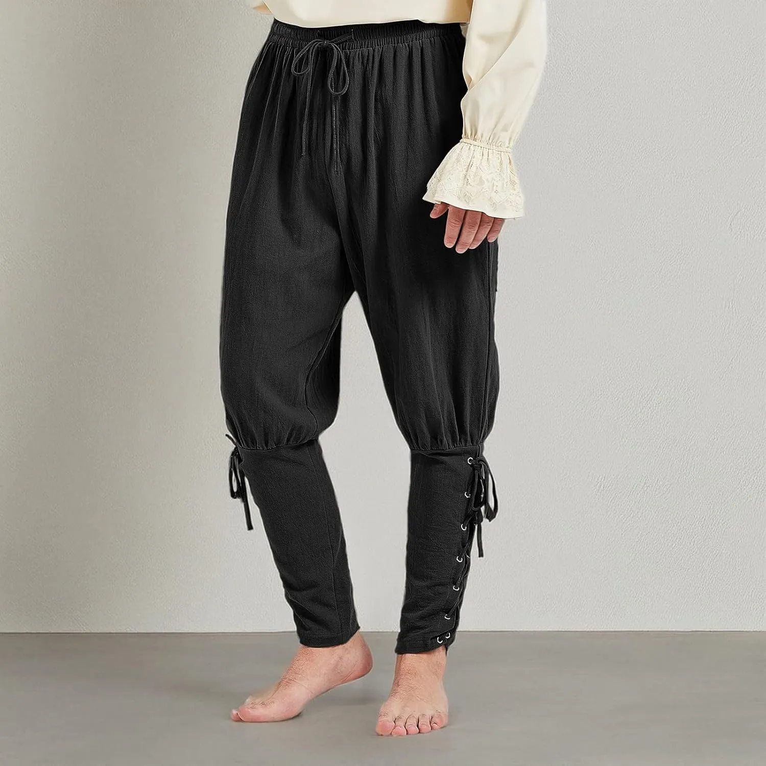 Men's Pirate Renaissance Pants with Ankle Banding - Medieval Viking Navigator Costume Cosplay - Drawstrings