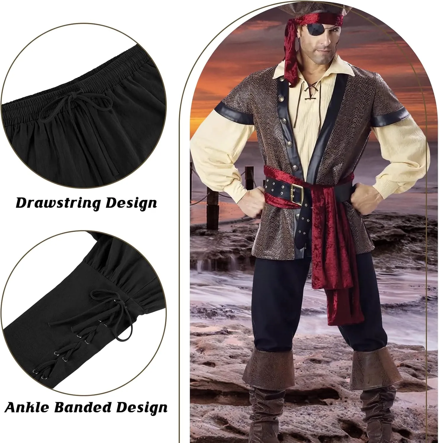 Men's Pirate Renaissance Pants with Ankle Banding - Medieval Viking Navigator Costume Cosplay - Drawstrings
