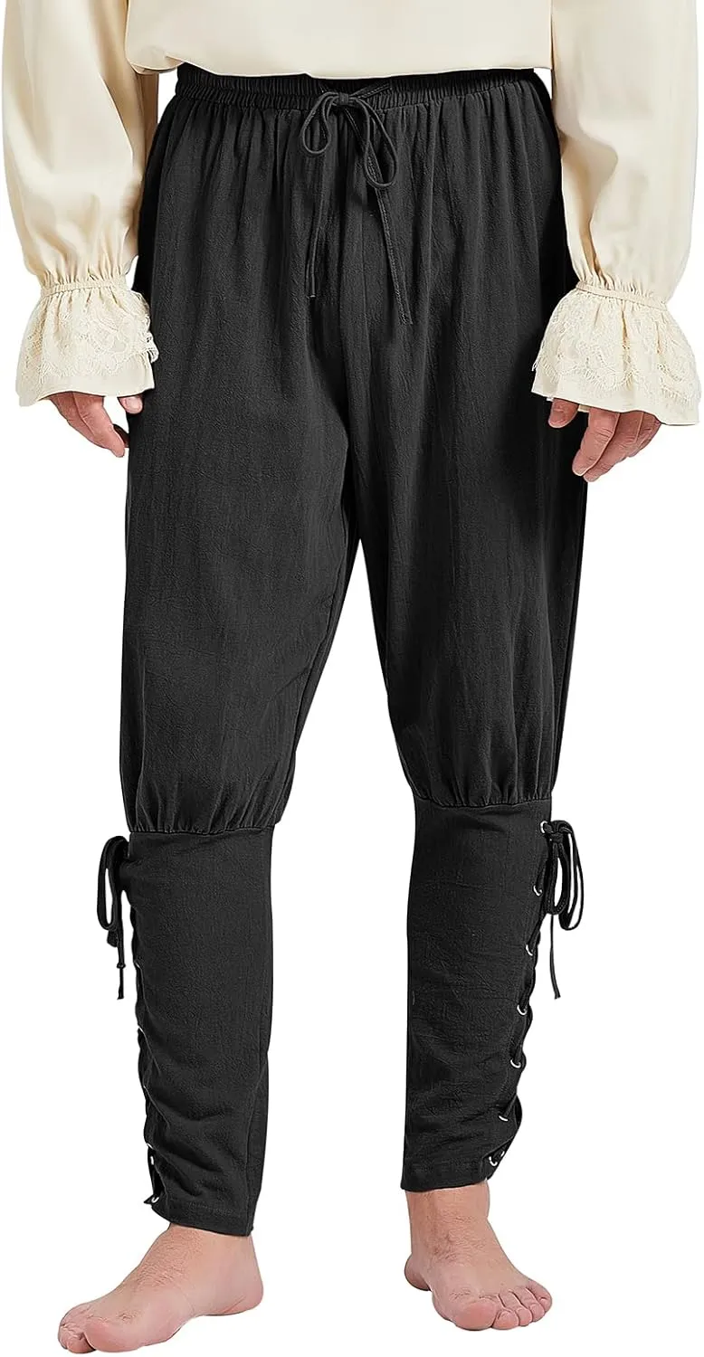 Men's Pirate Renaissance Pants with Ankle Banding - Medieval Viking Navigator Costume Cosplay - Drawstrings