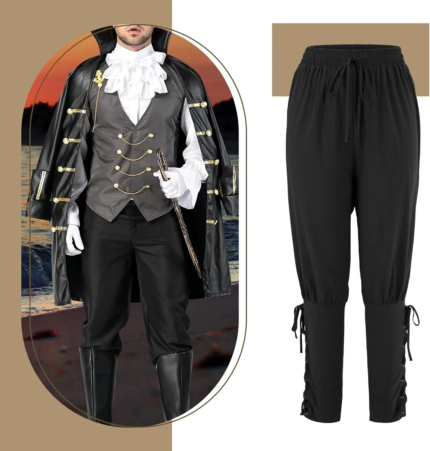 Men's Pirate Renaissance Pants with Ankle Banding - Medieval Viking Navigator Costume Cosplay - Drawstrings