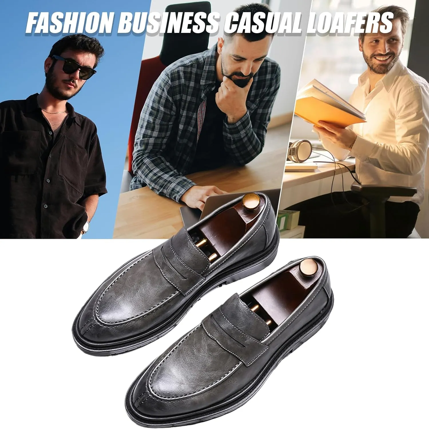 Men's Round Toe Chunky Leather Casual Loafers, Fashionable Slip-On Convex Non-Slip Retro Formal Penny Loafers