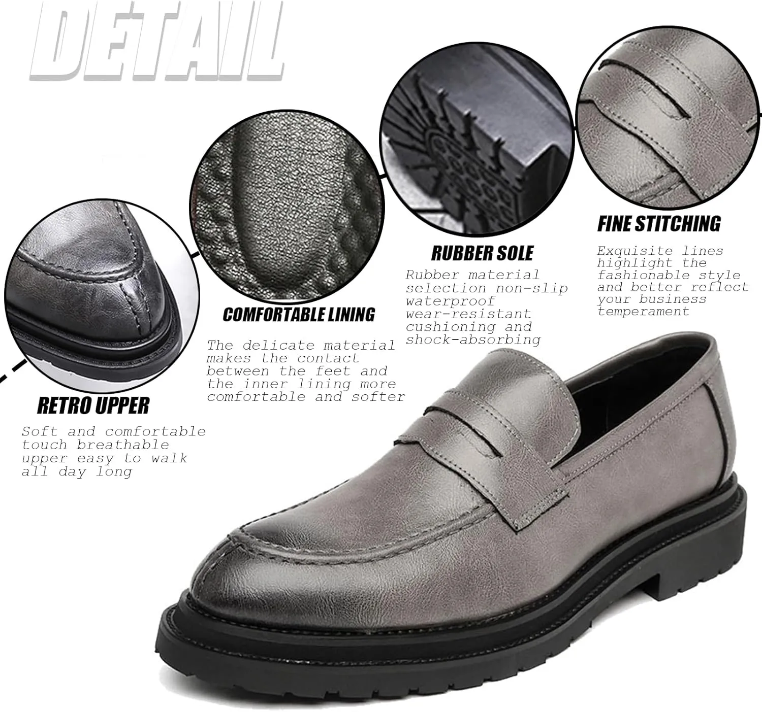 Men's Round Toe Chunky Leather Casual Loafers, Fashionable Slip-On Convex Non-Slip Retro Formal Penny Loafers