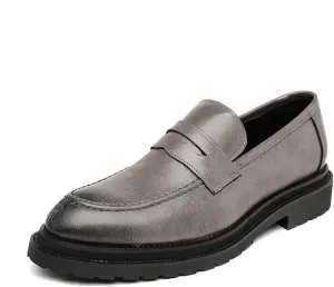 Men's Round Toe Chunky Leather Casual Loafers, Fashionable Slip-On Convex Non-Slip Retro Formal Penny Loafers