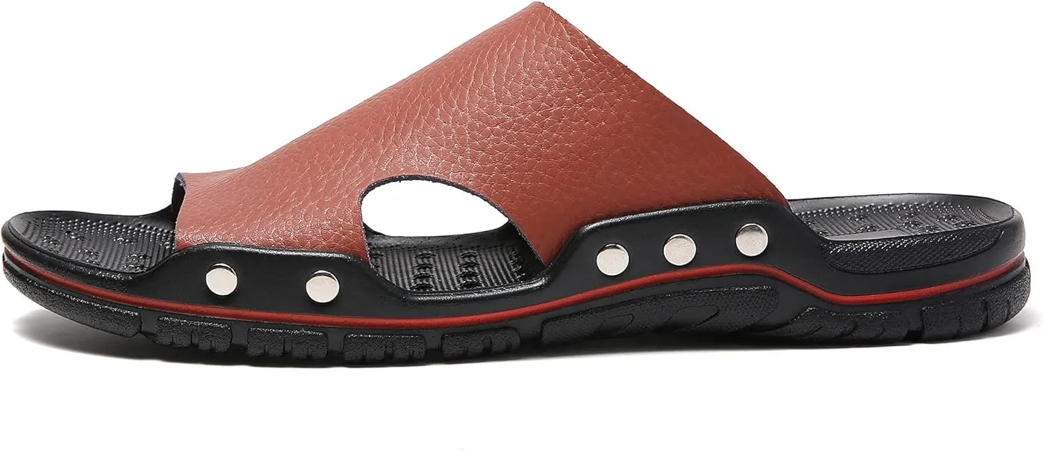 Men's Summer Leather Slide Sandals Open Toe Beach Slippers Shoes