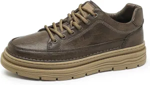 Mens Vintage Leather Lace Up Platform Fashion Sneakers Casual Non Slip Round Toe Walking Oxford Shoes for Daily Driving Travelling