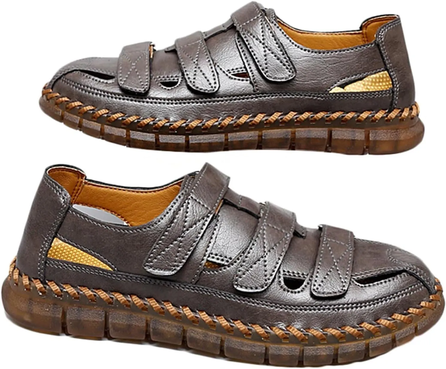 Men's Walking Sandals Beach Sandals Leather Closed Toe Summer Shoes for Trekking Hiking Outdoor Sports Comfortable Sandals