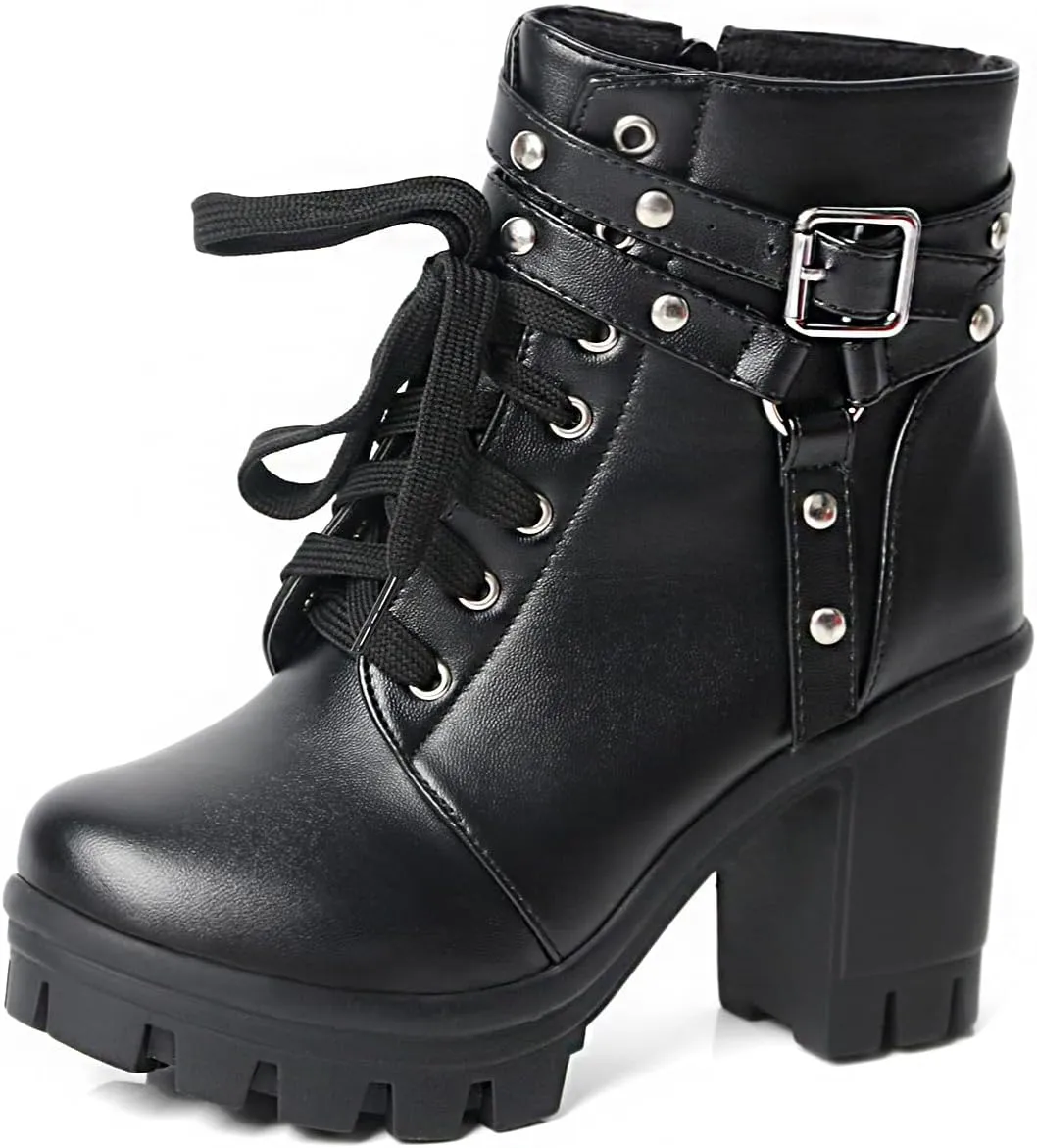 MEOTINA Goth Chunky Platform Boots for Women High Heel Black Ankle Booties Rivets Punk Combat Boot Shoes